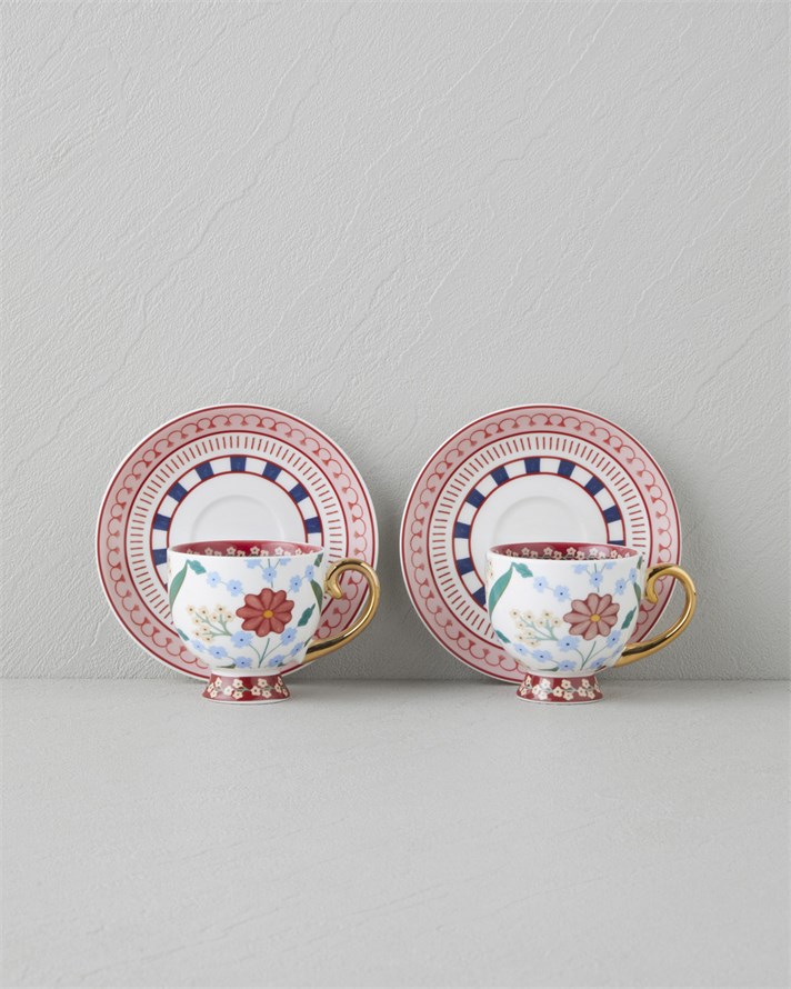 Nostalgic Wildflower New Bone China 4 Parça 2 Kişilik Kahve Fincan Takımı 100 ml Mavi – Bordo