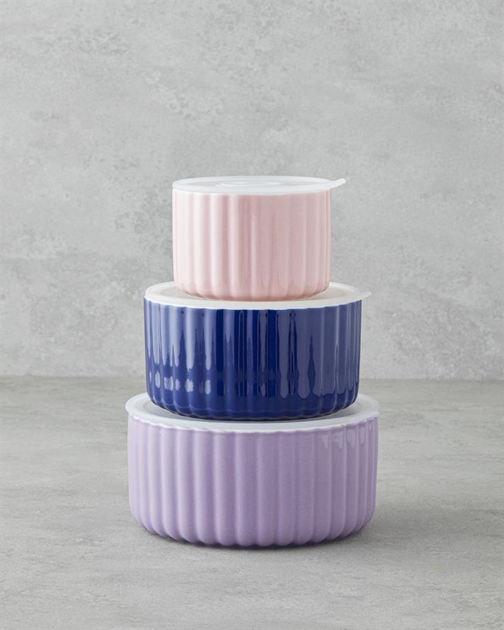 Oliver New Bone China 3lü Saklama Kabı 300 ml-600 ml-800 ml Lila-Lacivert-Krem