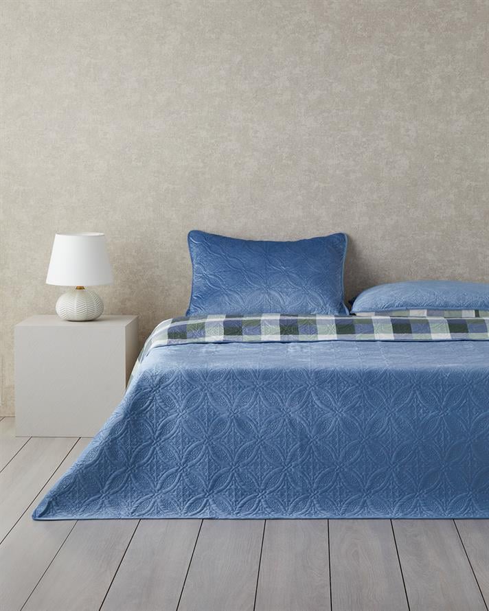 Ornate Check Kadife Çift Kişilik Yatak Örtüsü Takımı 200x220 cm Koyu Mavi