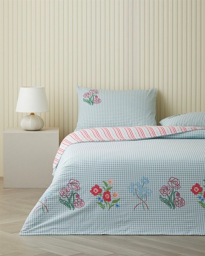 Pastel Gingham Pamuklu Çift Kişilik Nevresim Seti 200x220 cm Pembe - Turuncu