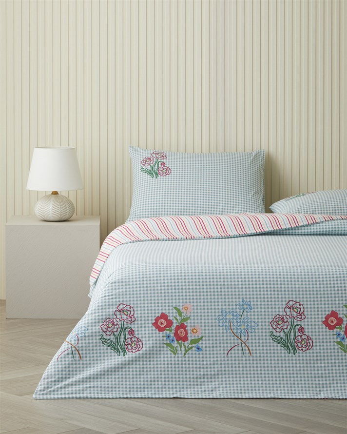 Pastel Gingham Pamuklu Tek Kişilik Nevresim Seti 160x220 cm Pembe - Turuncu