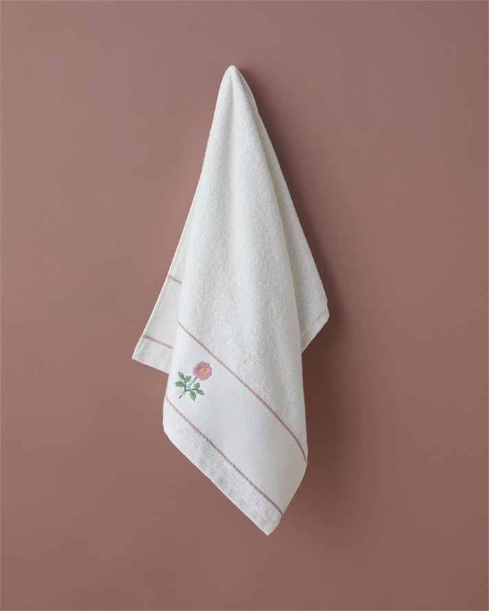 Petal Bloom %100 Pamuk Nakışlı Yüz Havlusu 50x90 cm Beyaz