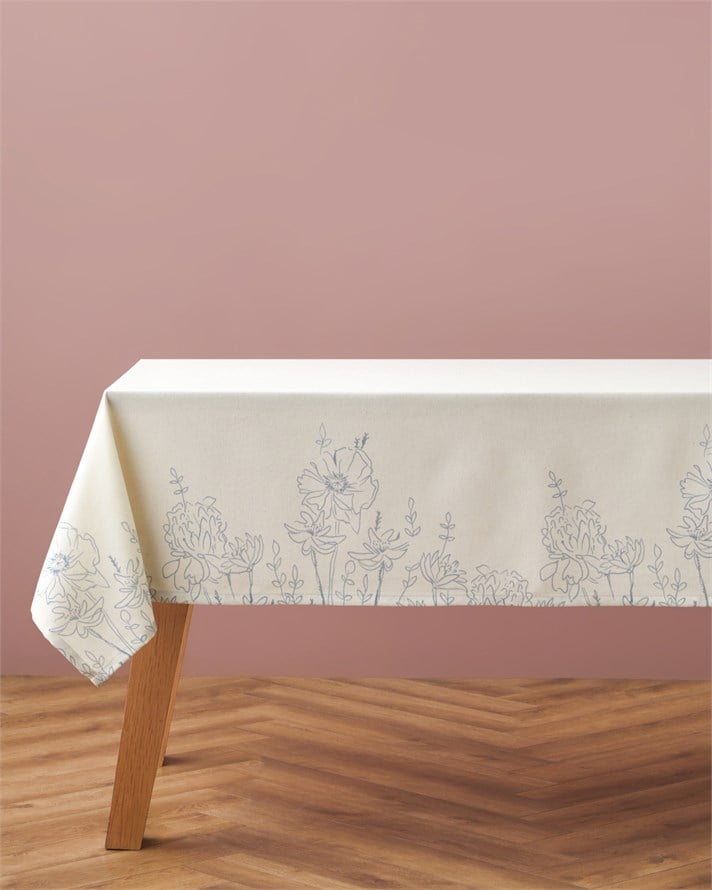 Petal Poetry Pamuk Polyester Masa Örtüsü 145x200 cm Bej - Mavi