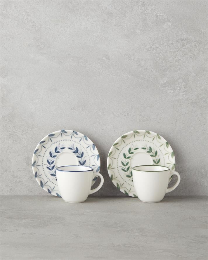 Petally Bone Porselen 4 Parça 2 Kişilik Kahve Fincan Takımı 90 ml Mavi-yeşil