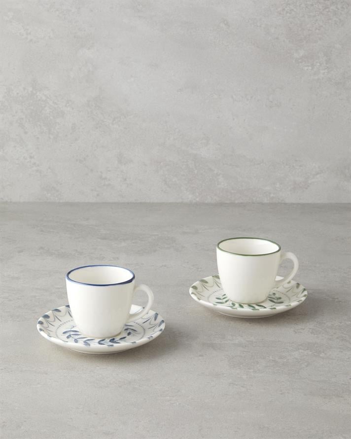Petally Bone Porselen 4 Parça 2 Kişilik Kahve Fincan Takımı 90 ml Mavi-yeşil