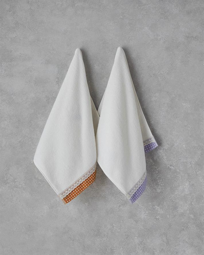 Petite Checked Pamuklu Kroşeli Yüz Havlusu 50x80 cm Ekru - Lila