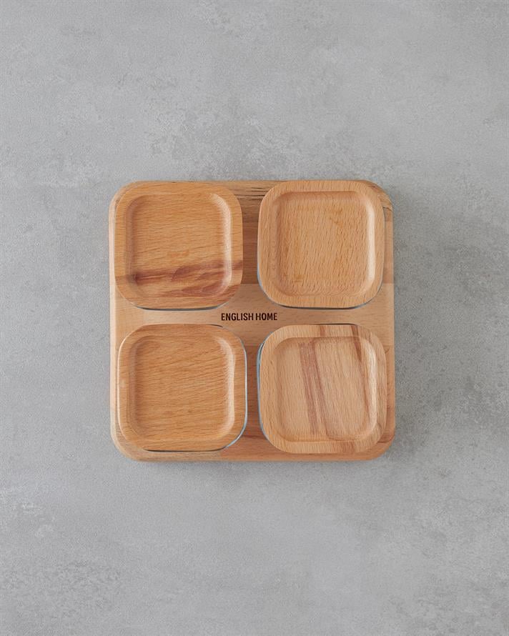 Pico Cam Ahşap Kapaklı 4 Bölmeli Kahvaltılık 21x21 cm Şeffaf