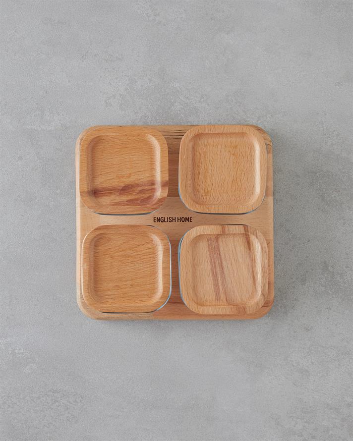 Pico Cam Ahşap Kapaklı 4 Bölmeli Kahvaltılık 21x21 cm Şeffaf