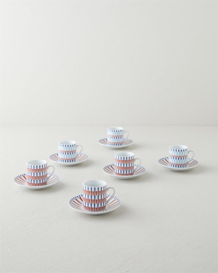 Pico Lines Porselen 12 Parça 6 Kişilik Kahve Fincan Takımı 80 ml Lacivert-Kırmızı