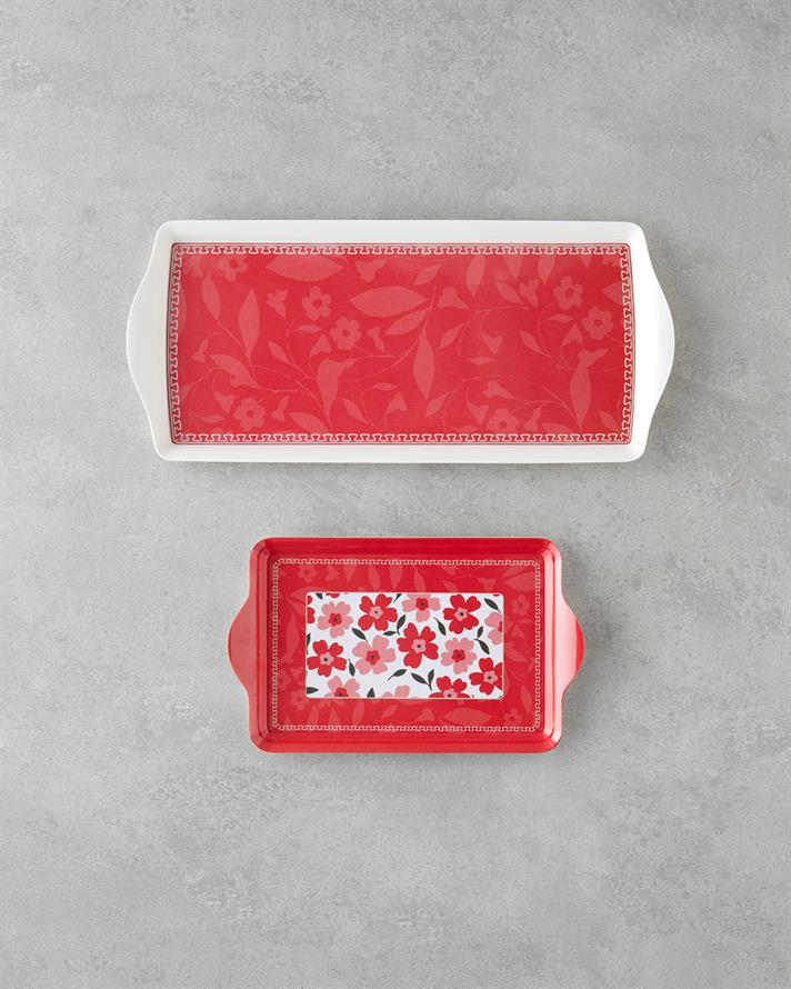Pink Flowers Melamin 2li Tepsi 36x16 cm + 24x14 cm Pembe