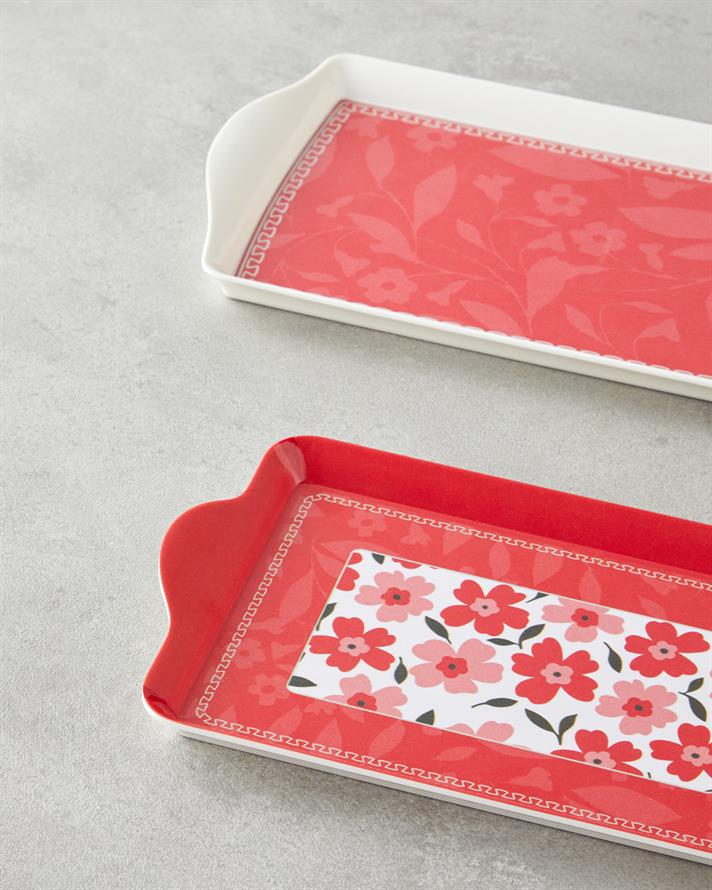 Pink Flowers Melamin 2li Tepsi 36x16 cm + 24x14 cm Pembe