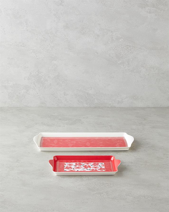 Pink Flowers Melamin 2li Tepsi 36x16 cm + 24x14 cm Pembe