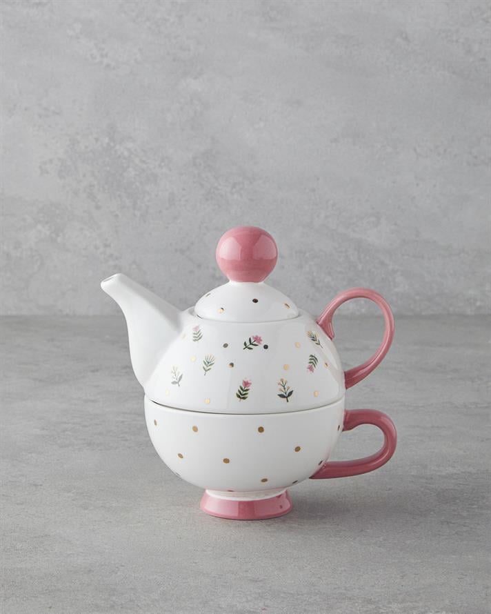 Pink Flowers New Bone China Demlik Seti 400 ml Pembe