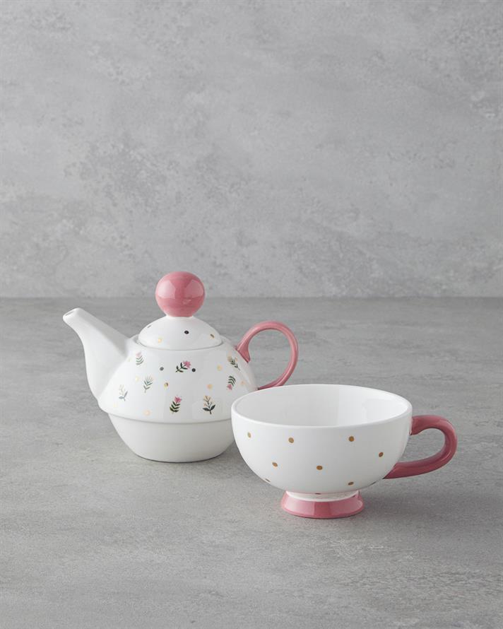 Pink Flowers New Bone China Demlik Seti 400 ml Pembe