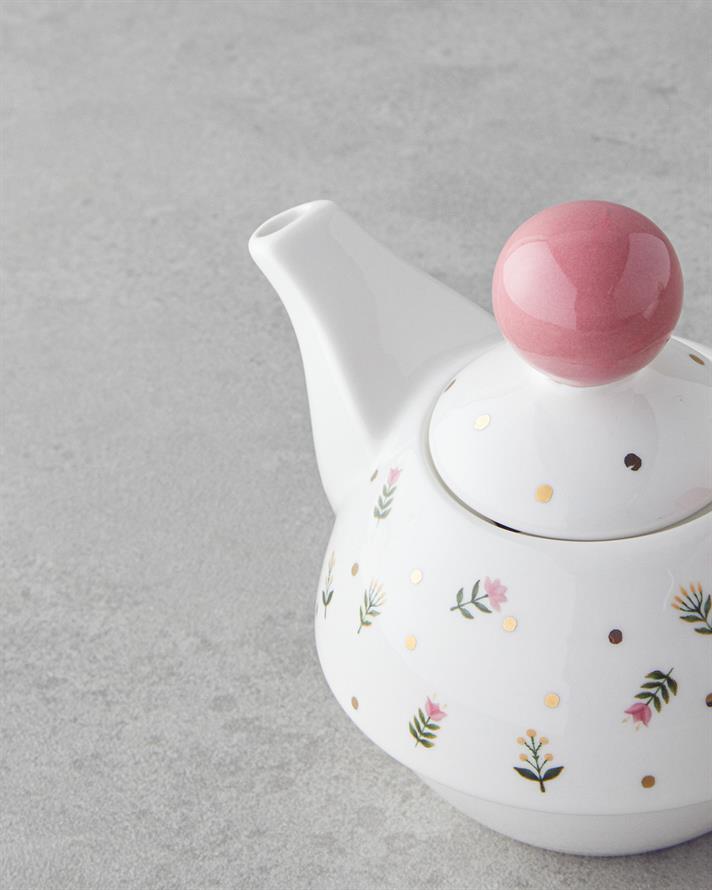 Pink Flowers New Bone China Demlik Seti 400 ml Pembe