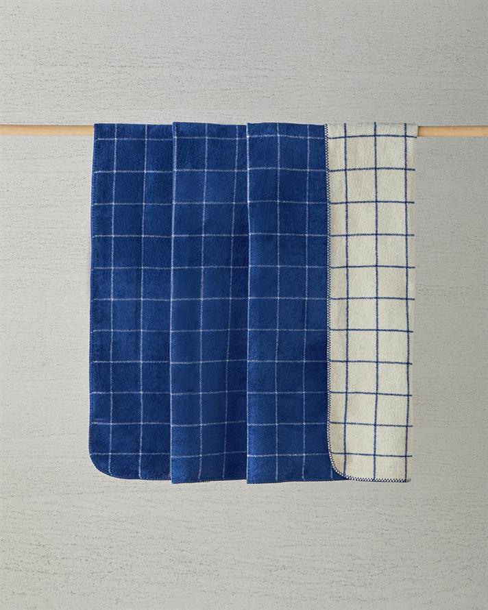 Plain Check Pamuklu King Size Battaniye 220x240 cm Lacivert - Krem