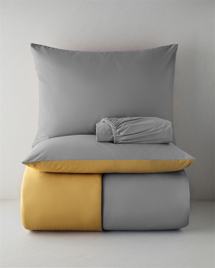 Plain Pamuk Çarşaflı Çift Kişilik Nevresim Takımı 200x220 cm Gri-Sarı