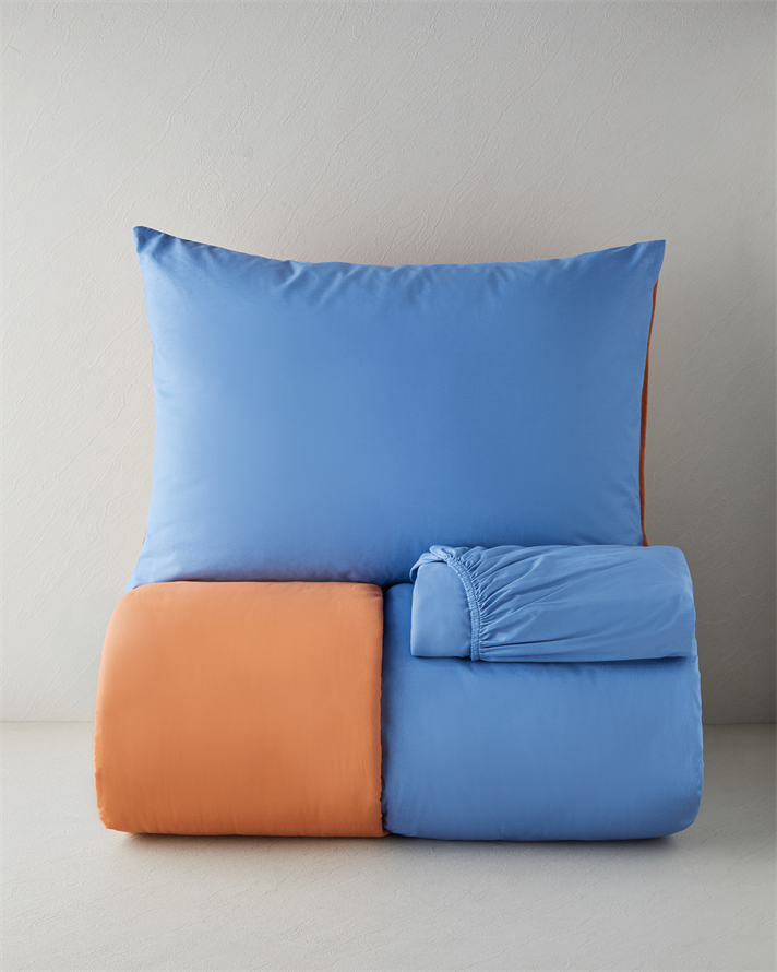 Plain Pamuk Çarşaflı Tek Kişilik Nevresim Takımı 160x220 cm Mavi-Turuncu
