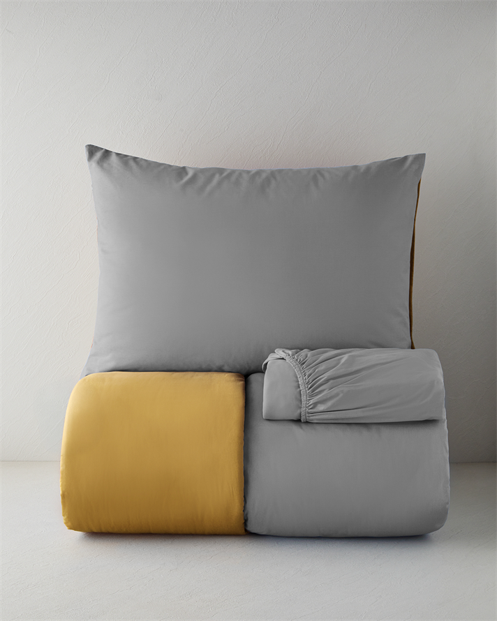 Plain Pamuk Çarşaflı Tek Kişilik Nevresim Takımı 160x220 cm Gri-Sarı