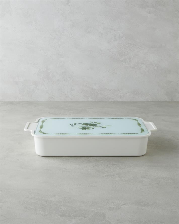 Plantopia Melamin 6lı Cam Kapaklı Kahvaltılık 39x21 cm Beyaz - Yeşil