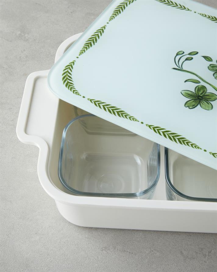 Plantopia Melamin 6lı Cam Kapaklı Kahvaltılık 39x21 cm Beyaz - Yeşil