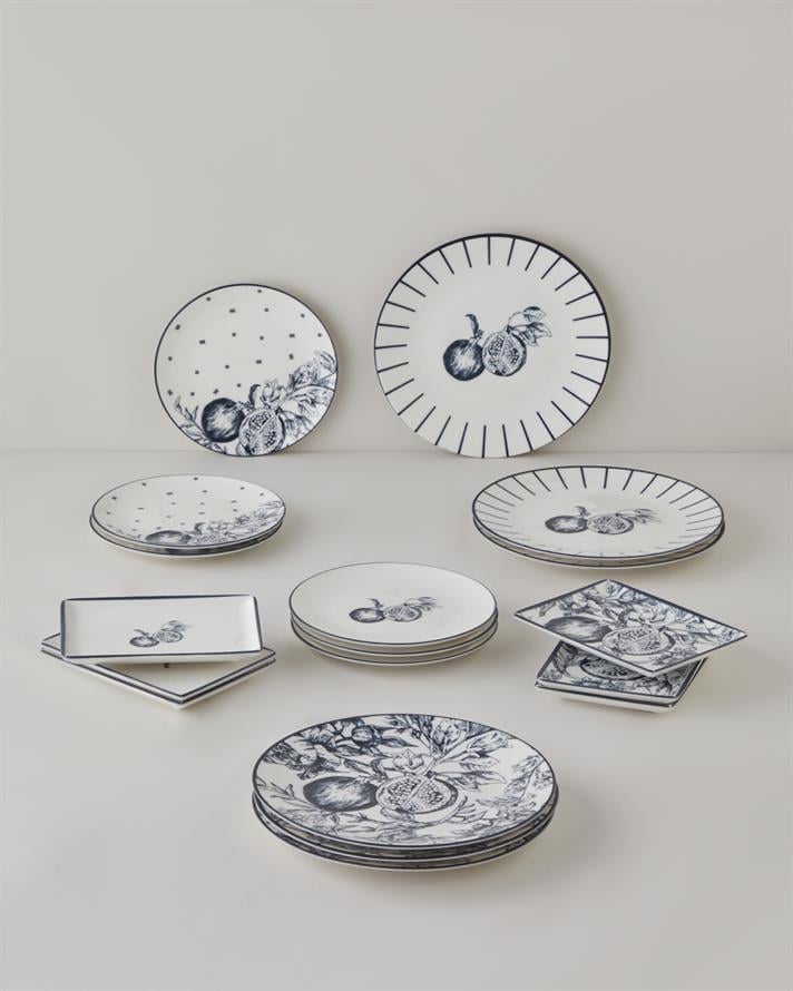 Pomara Porselen Kahvaltı ve Sunum Seti 18 Parça 6 Kişilik Lacivert-Beyaz