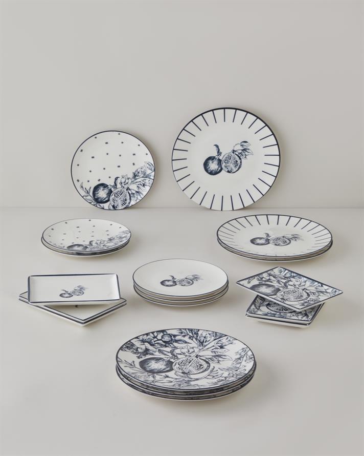 Pomara Porselen Kahvaltı ve Sunum Seti 18 Parça 6 Kişilik Lacivert-Beyaz