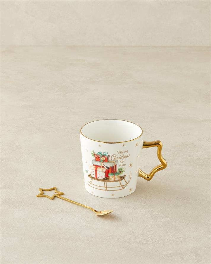 Presents New Bone China Kaşıklı Yılbaşı Kupa 360 ml Kırmızı - Yeşil