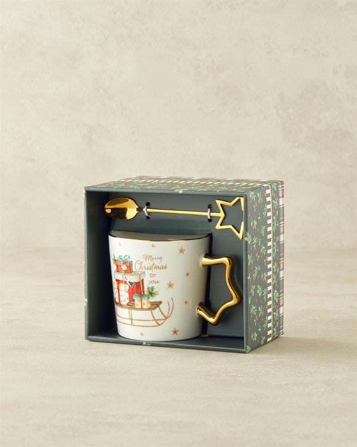 Presents New Bone China Kaşıklı Yılbaşı Kupa 360 ml Kırmızı - Yeşil