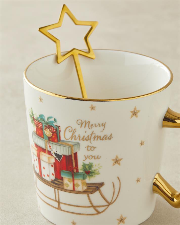 Presents New Bone China Kaşıklı Yılbaşı Kupa 360 ml Kırmızı - Yeşil