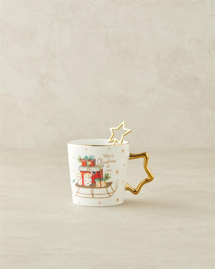 Presents New Bone China Kaşıklı Yılbaşı Kupa 360 ml Kırmızı - Yeşil