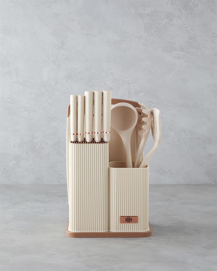 Pro Cut Silikon,Paslanmaz Çelik Kesme Tahtası, Servis Gereci Bıçak Seti 21.5x13x20 cm Krem