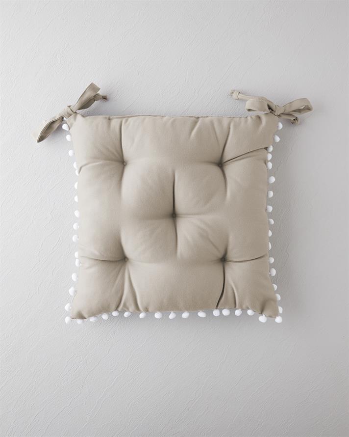 Puff Ponponlu Tekli Sandalye Minderi 40x40 cm Bej