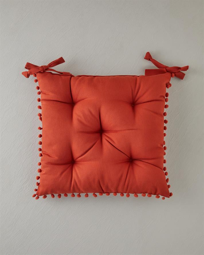 Puff Ponponlu Tekli Sandalye Minderi 40x40 cm Kiremit