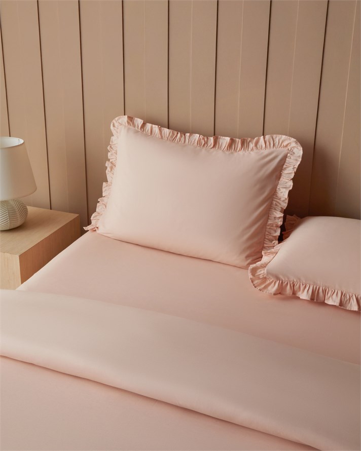 Pure Fırfırlı Pamuk Çift Kişilik Çarşaflı Nevresim Takımı 200x220 cm Somon