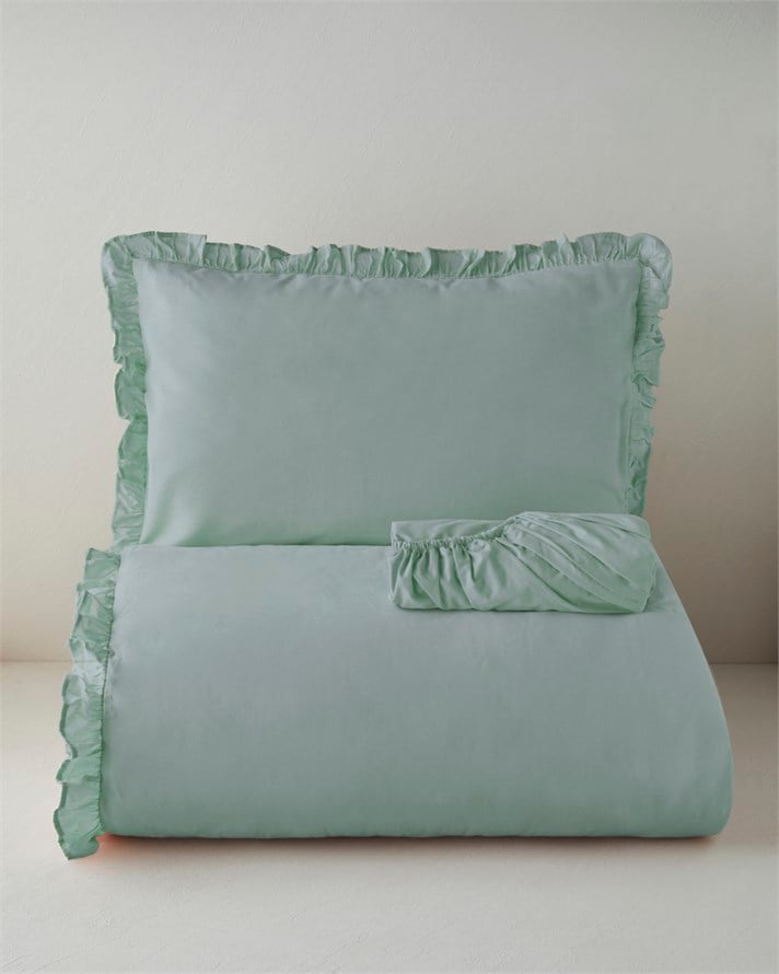 Pure Fırfırlı Pamuk King Size Çarşaflı Nevresim Takımı 240x220 cm Yeşil