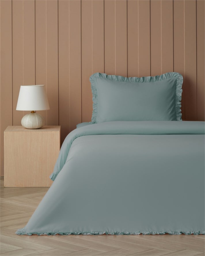 Pure Fırfırlı Pamuk Tek Kişilik Çarşaflı Nevresim Takımı 160x220 cm Yeşil