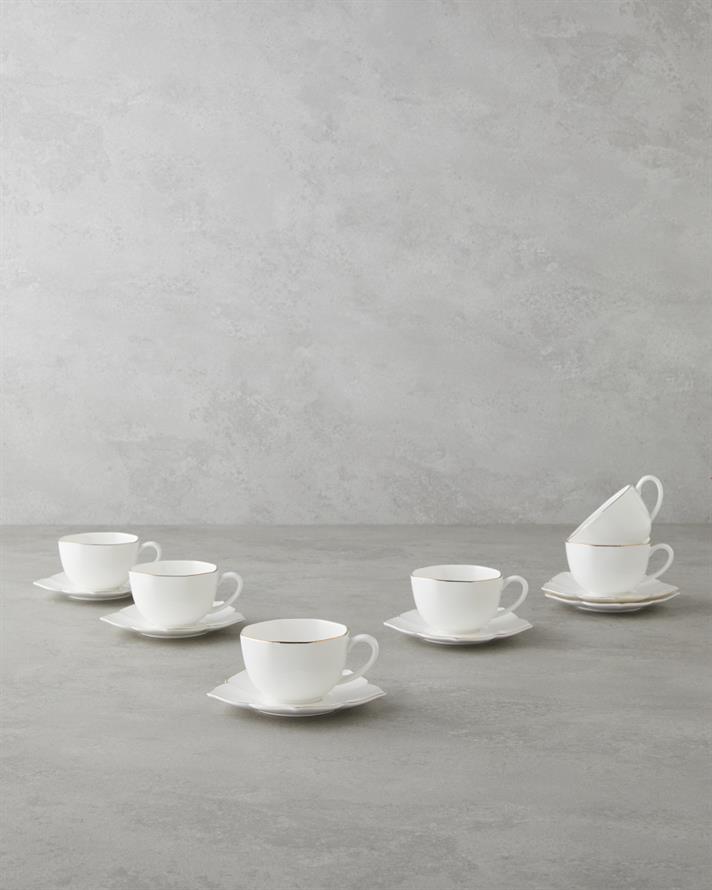 Pure Form New Bone China 12 Parça 6 Kişilik Kahve Fincan Takımı 90 ml Beyaz-Gold
