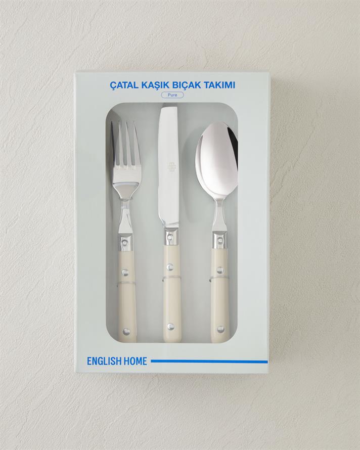 Pure Paslanmaz Çelik Çatal Kaşık Bıçak Takımı 18 Parça 6 Kişilik Krem