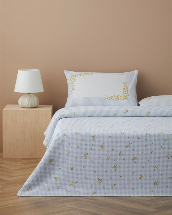 Pure Summer Baskılı Pamuklu Tek Kişilik Pike Takımı 150x220 cm Mavi