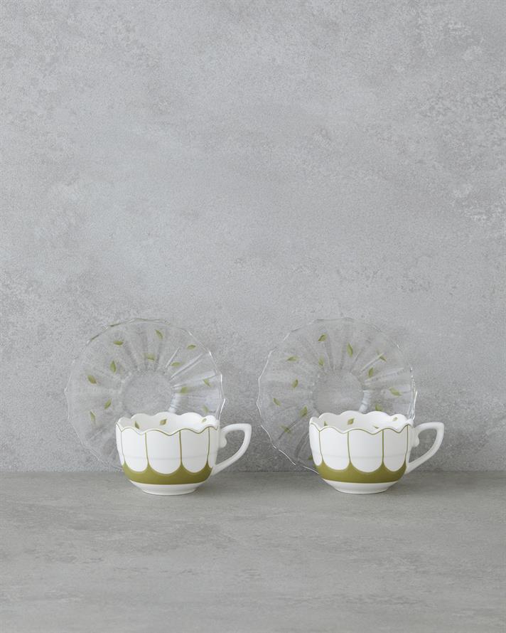 Purepetal New Bone China 4 Parça 2 Kişilik Cam Tabaklı Kahve Fincan Takımı 80 ml Yeşil