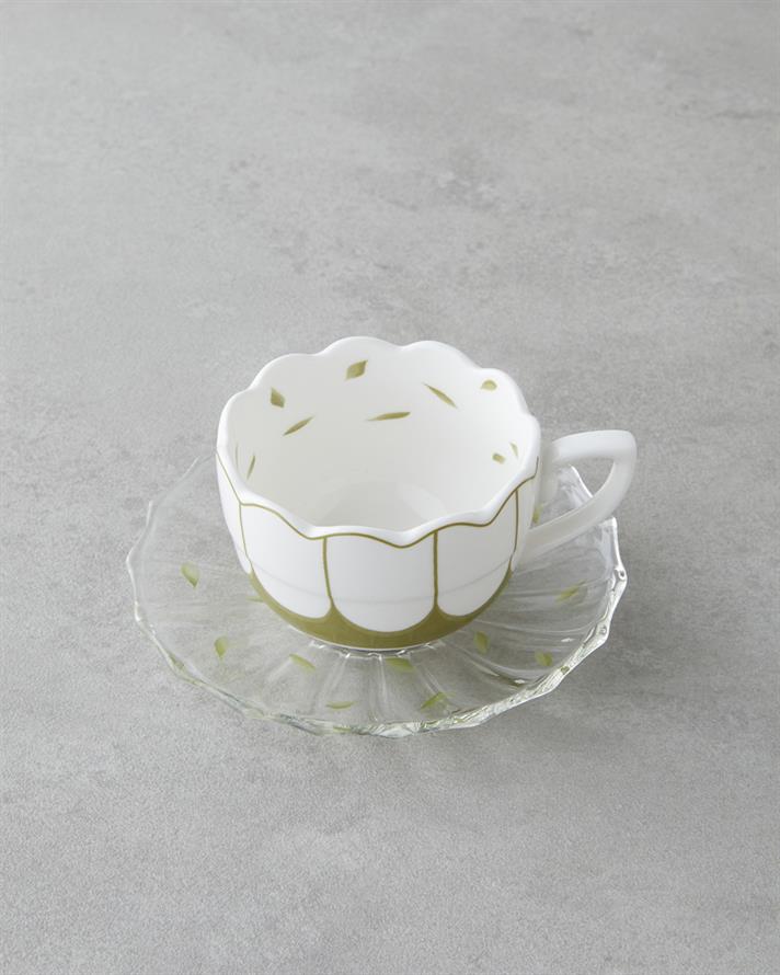 Purepetal New Bone China 4 Parça 2 Kişilik Cam Tabaklı Kahve Fincan Takımı 80 ml Yeşil