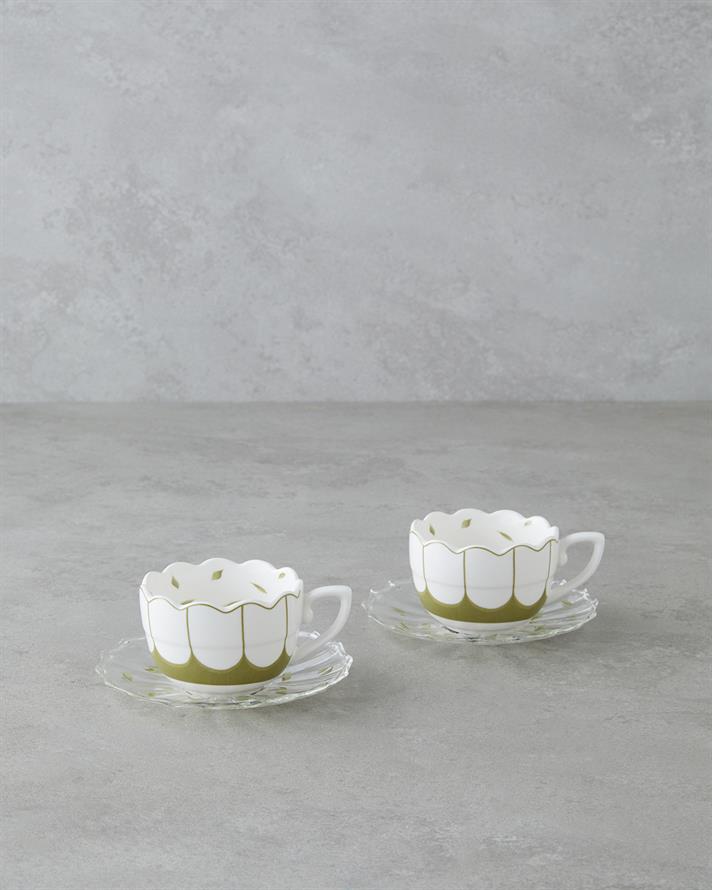 Purepetal New Bone China 4 Parça 2 Kişilik Cam Tabaklı Kahve Fincan Takımı 80 ml Yeşil