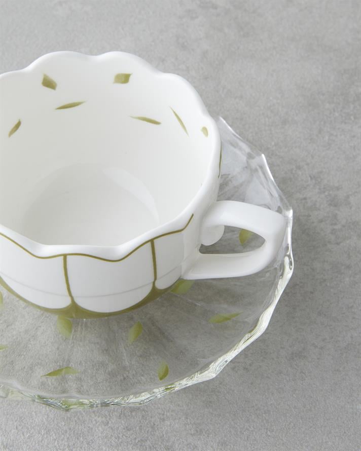 Purepetal New Bone China 4 Parça 2 Kişilik Cam Tabaklı Kahve Fincan Takımı 80 ml Yeşil