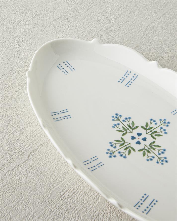 Retro Paisley New Bone China Kayık Tabak 26 cm Beyaz - Mavi
