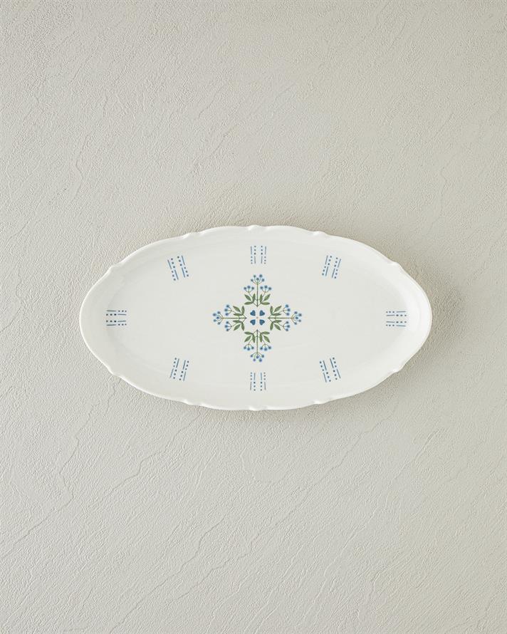 Retro Paisley New Bone China Kayık Tabak 26 cm Beyaz - Mavi