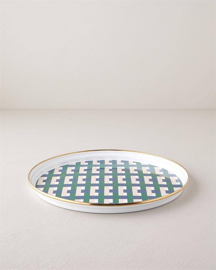 Retro Plaid Emaye Tepsi Lacivert – Yeşil