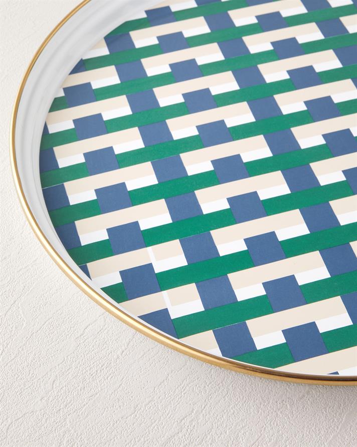 Retro Plaid Emaye Tepsi Lacivert – Yeşil