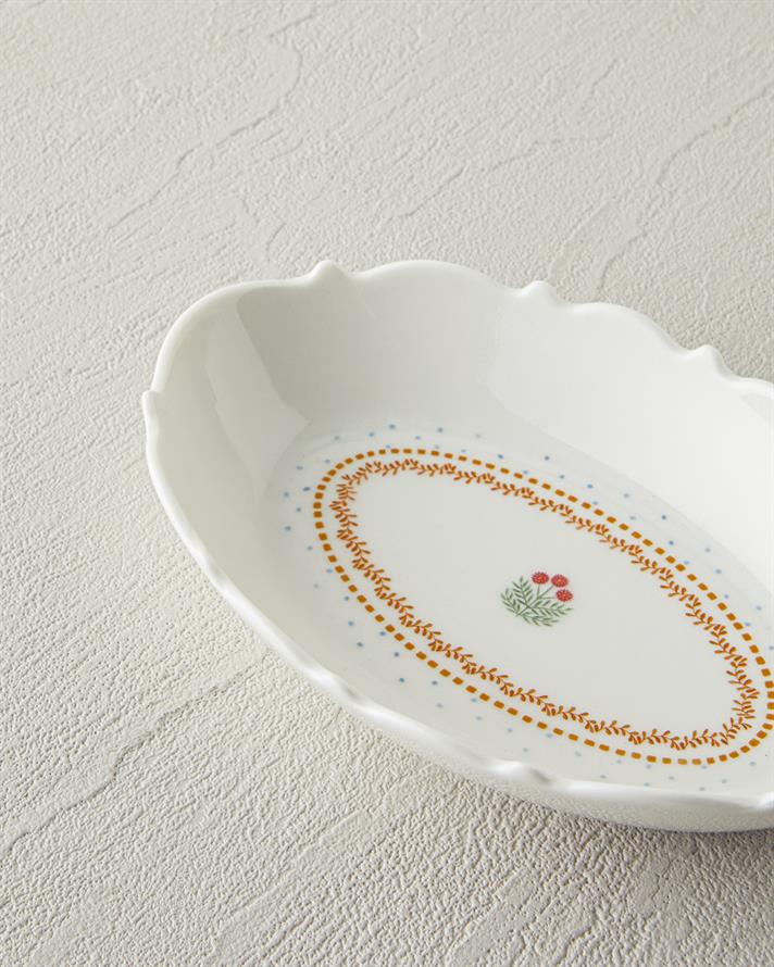 Retro Rosy New Bone China Kayık Tabak 17 cm Beyaz - Turuncu