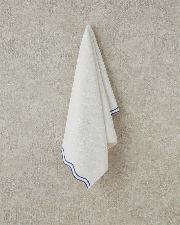 Retro Waves Pamuklu Nakışlı Yüz Havlusu 50x80 cm Ekru - Mavi
